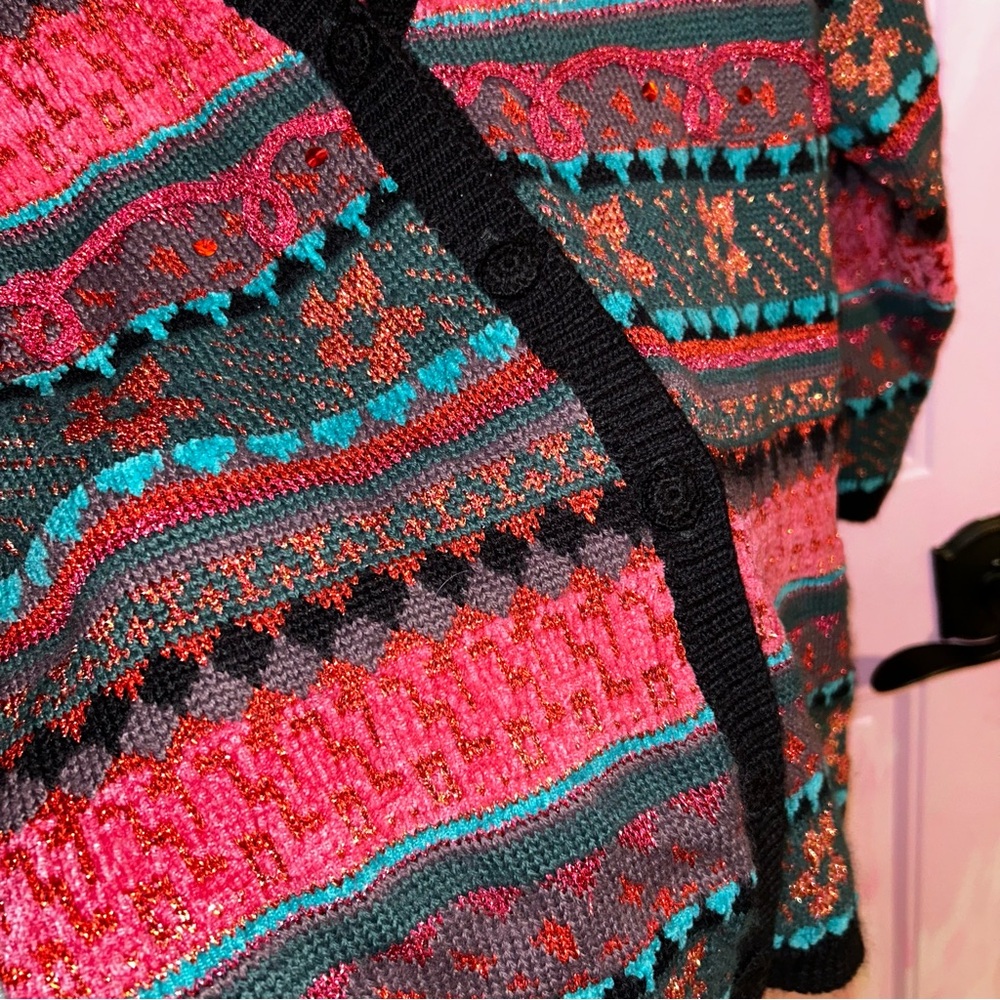 Carole Little Hot Pink, Black, and Teal Patterned Cardigan - Size Small